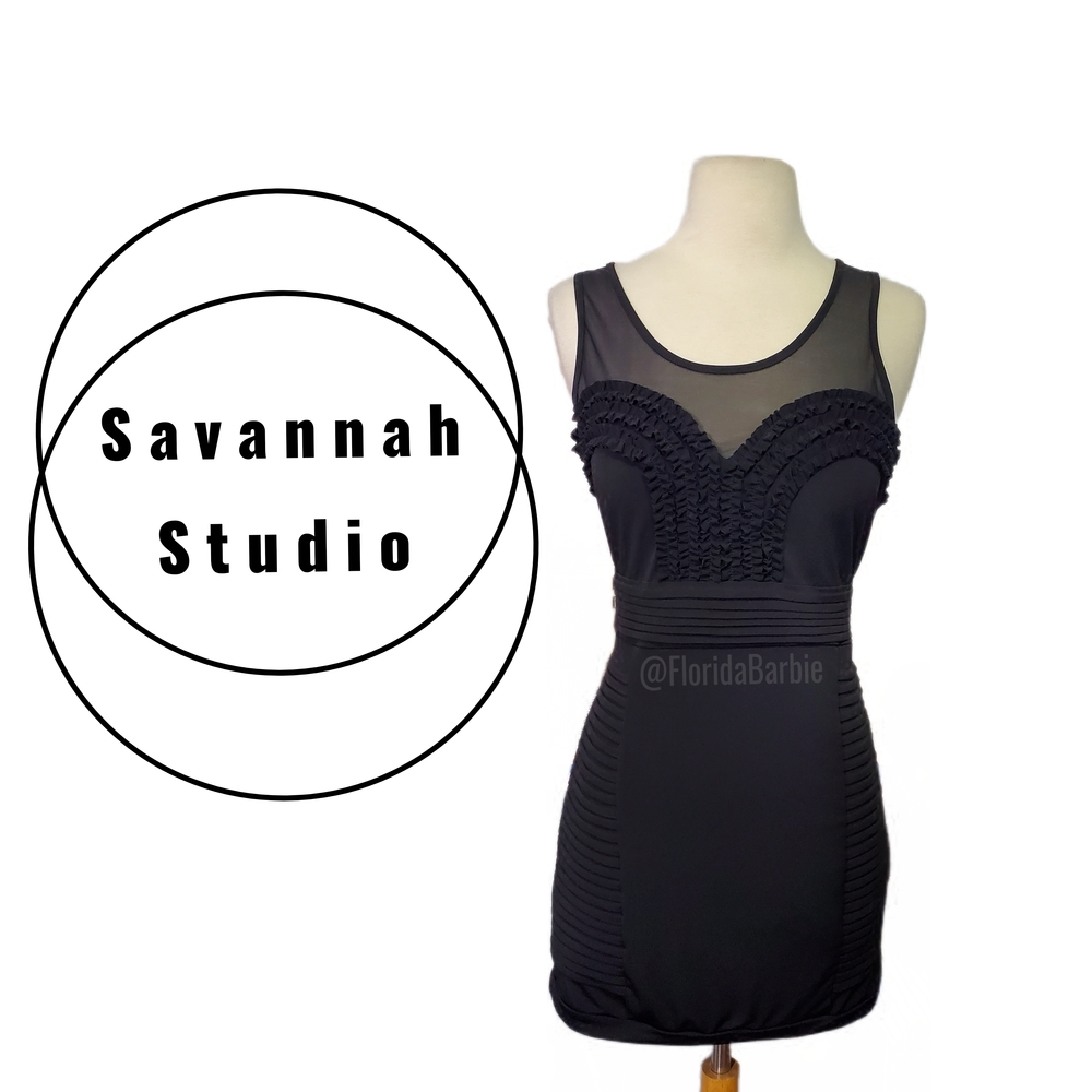 Savannah Studio Mini Black Nylon Mesh Rouching Ruffle Detail Y2K Bodycon Dress